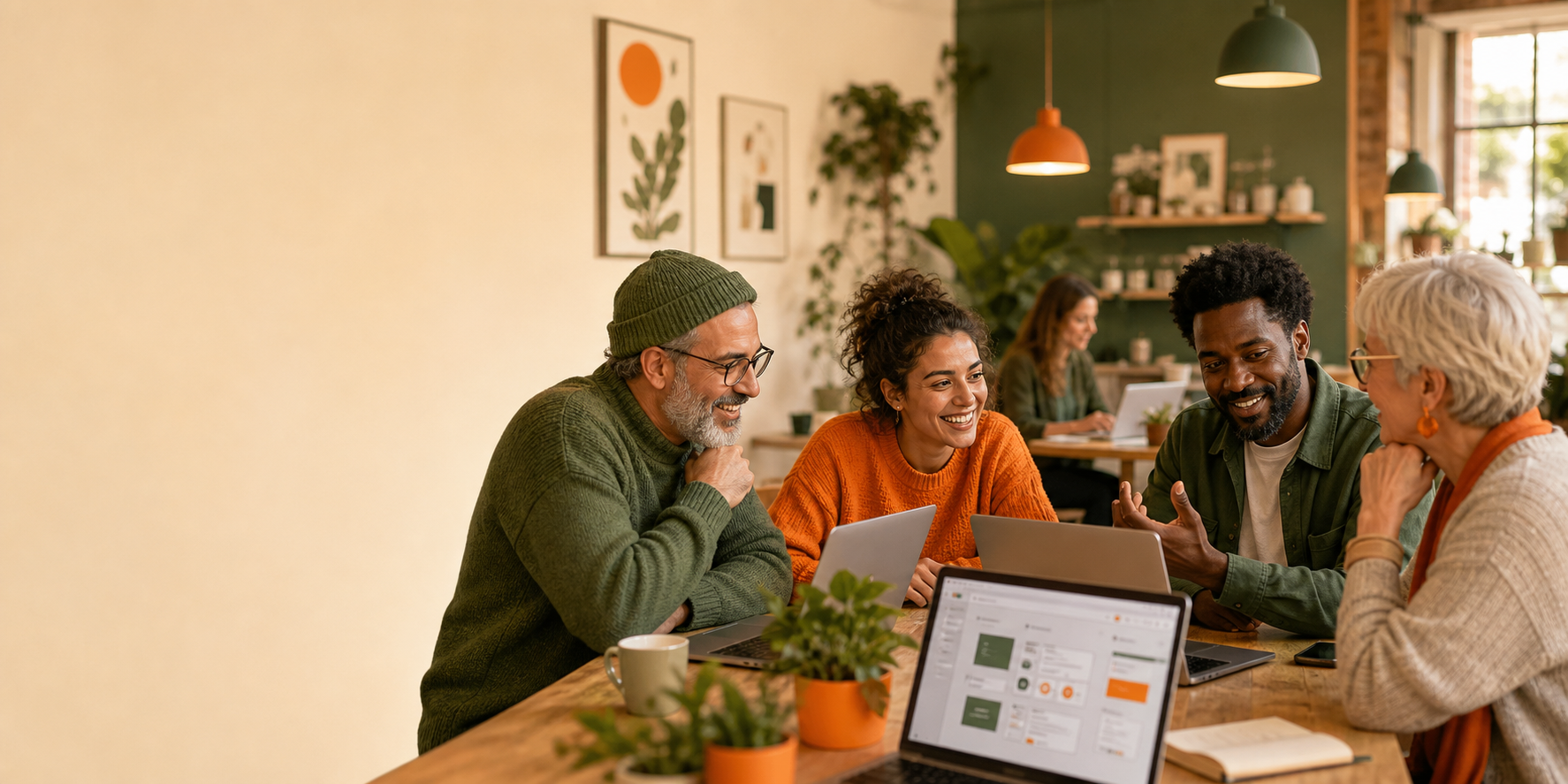 Menschen bauen gemeinsam in einem digitalen KI Café an Laptop-Loesungen