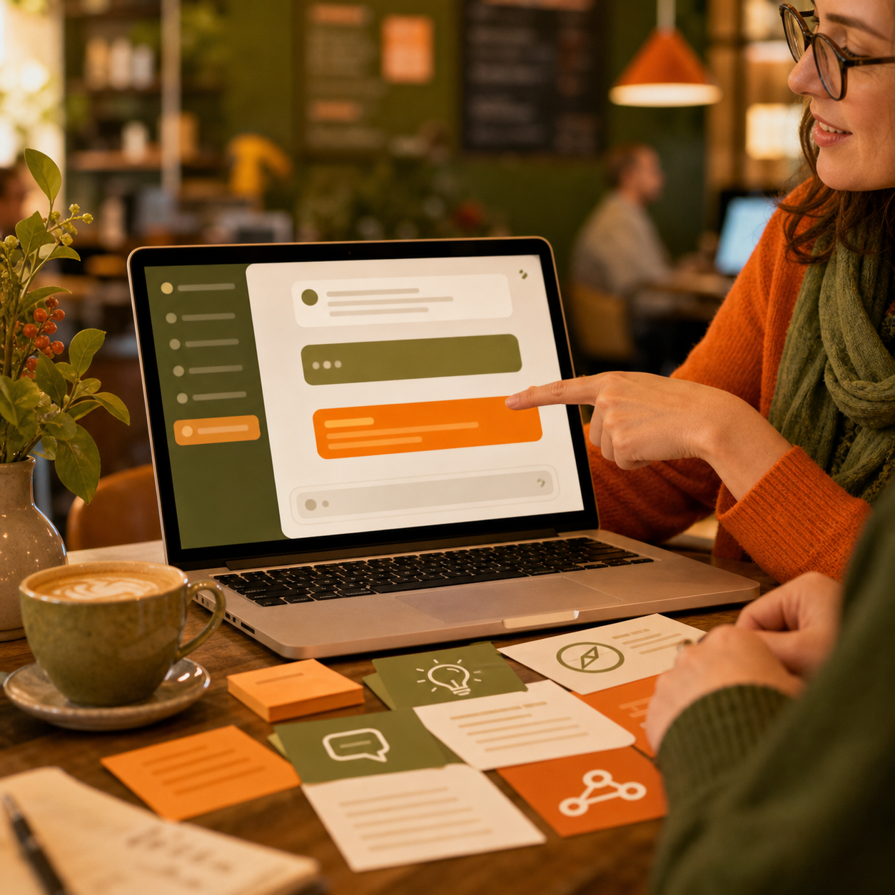 Prompt-Apotheke mit Laptop, Promptkarten und Café-Tisch